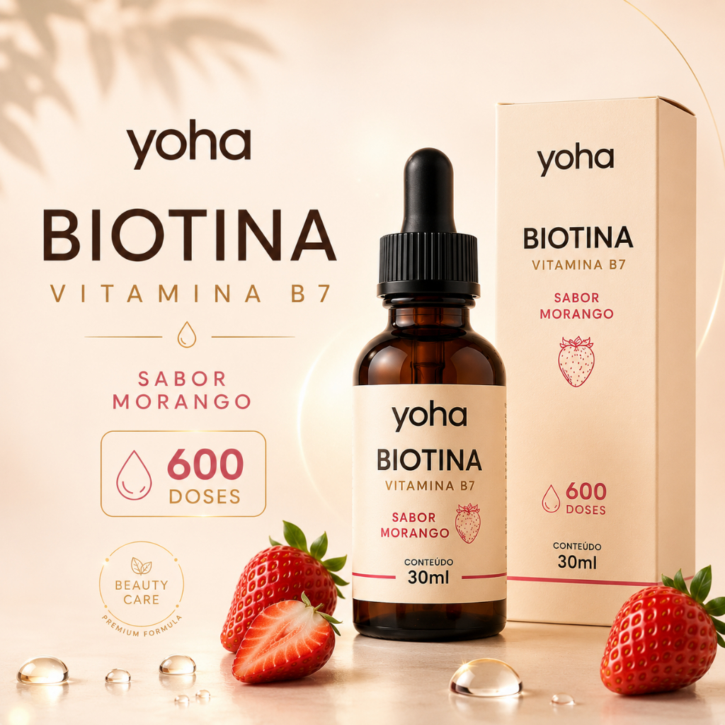 Biotina Yoha 30ml 600 Doses Vitamina B7 Sabor Morango Auxilia Cabelo Pele e Unhas Premium By Camila Loures