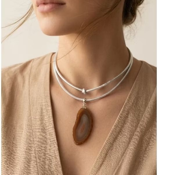 Colar Choker de Pedra Natural Com Cordão de Couro  Colar Feminino
