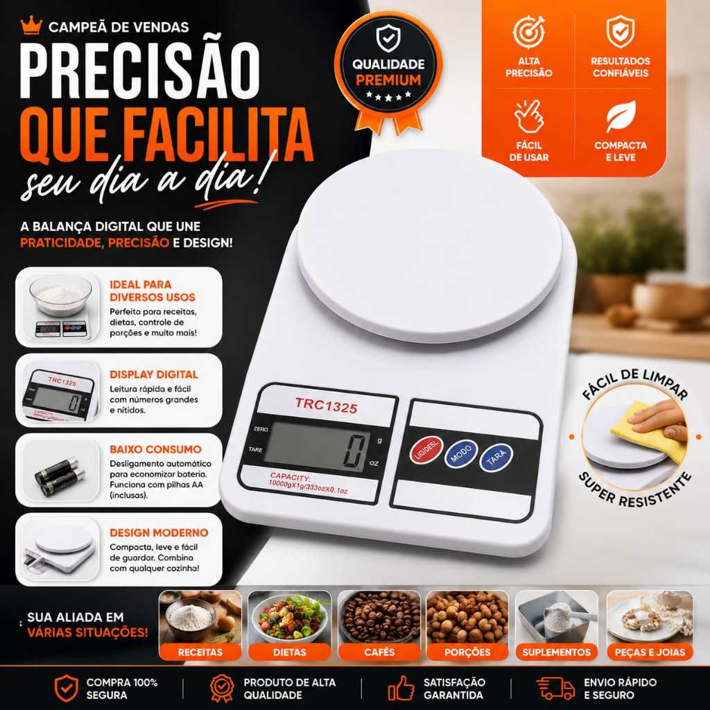 Balança Digital Cozinha 10 kg, Balança de Precisão 10Kg, Dieta, Nutrição, Função Tara - ENVIO RÁPIDO