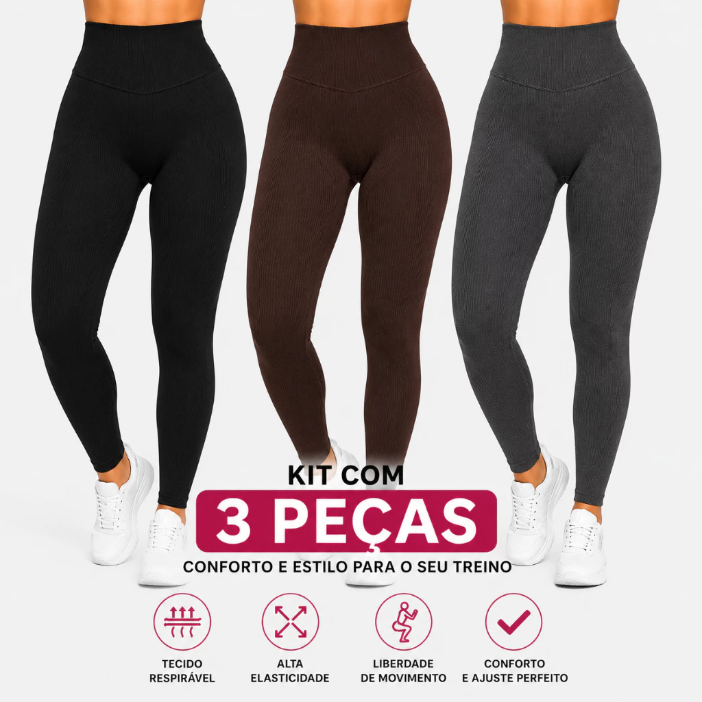 Kit 3 Leggings Femininas Academia Fitness Canelada Cintura Alta