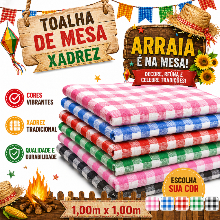 Kit Toalha de Mesa Xadrez TNT 1,00x1,00m | Festa Arraiá Junina Julina Decoração Diversas Cores