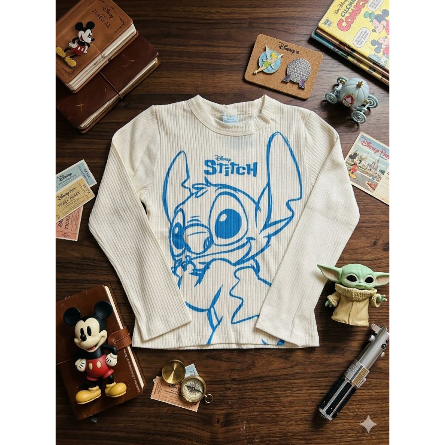 Blusa Lilo Stitch Ribana Canelada Off-White Manga Longa Infantil fakini