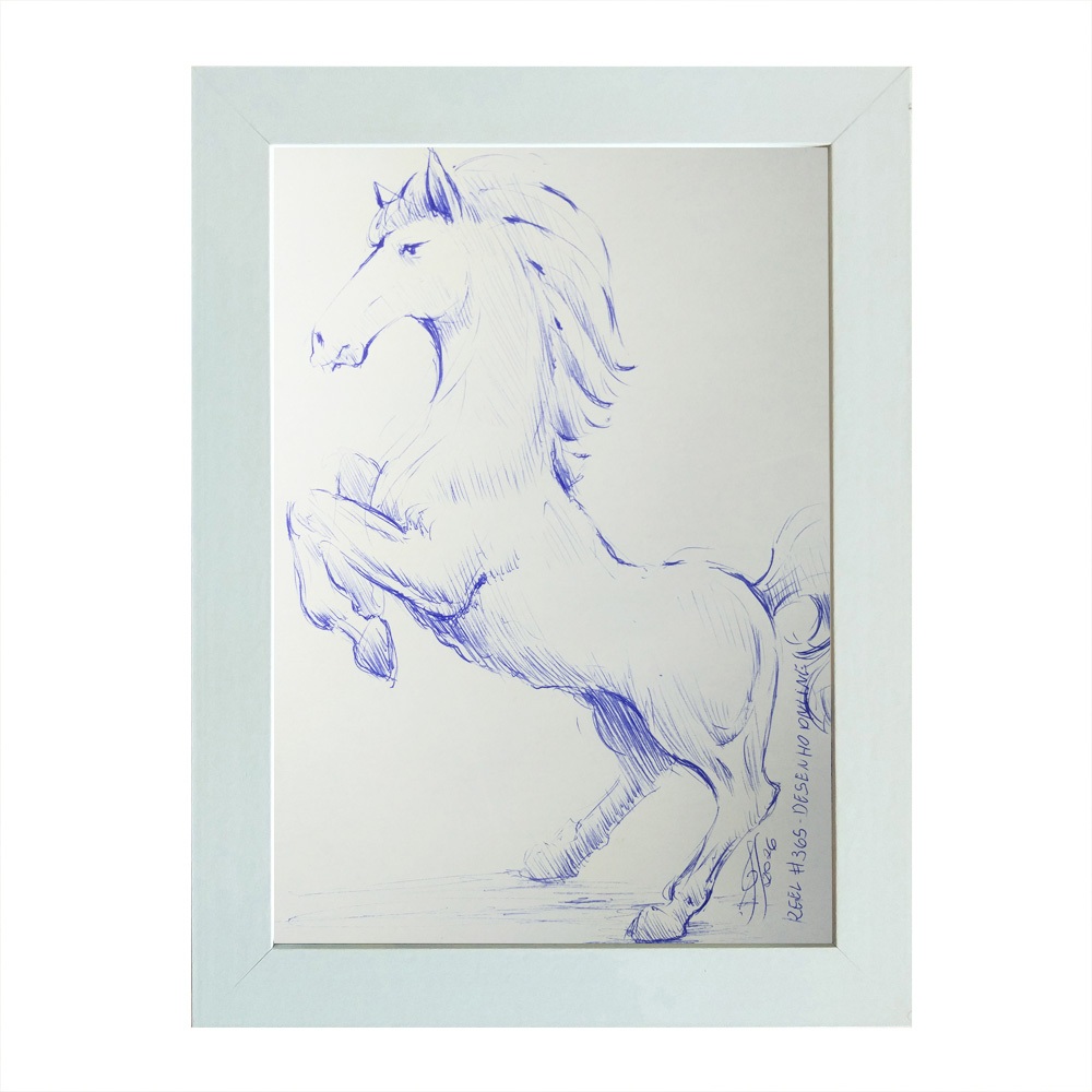 Quadro desenho original caneta azul Égua a5 moldurado assinado arte original reel #365