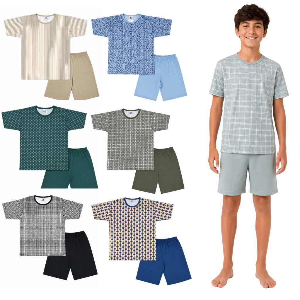 Kit 4 Pijama Verão Juvenil Masculino Manga Curta Estampa Sortida 10 ao 16