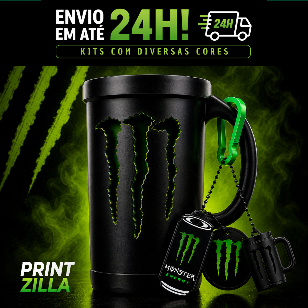 Porta Lata Monster 473 ml + abridor + tampa + chaveiro Caneca Monster Energetico