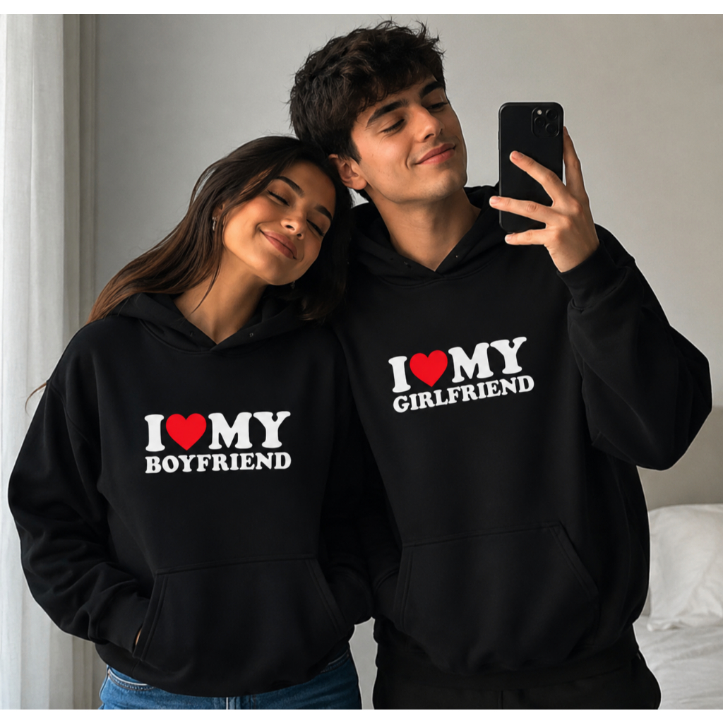 Kit Moletom Canguru Casal I Love My Girlfriend e I Love My Boyfriend 100% Algodão Unissex Blusa Adulto/Infantil inverno