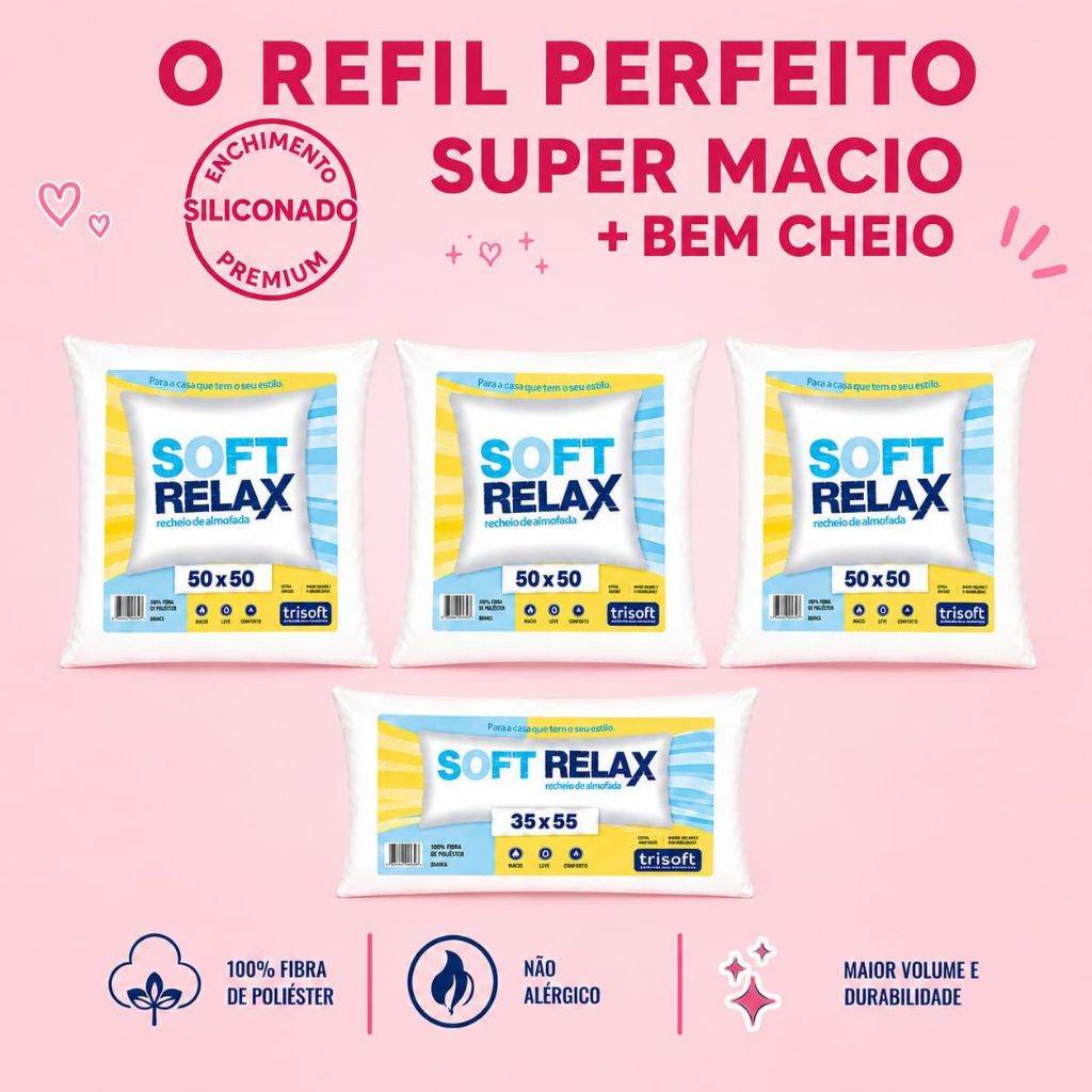 4 Enchimentos Almofadas (Combo 3 Refil 50x50 + 1 Refil 35x55) Fibra Siliconada Premium Antialergico