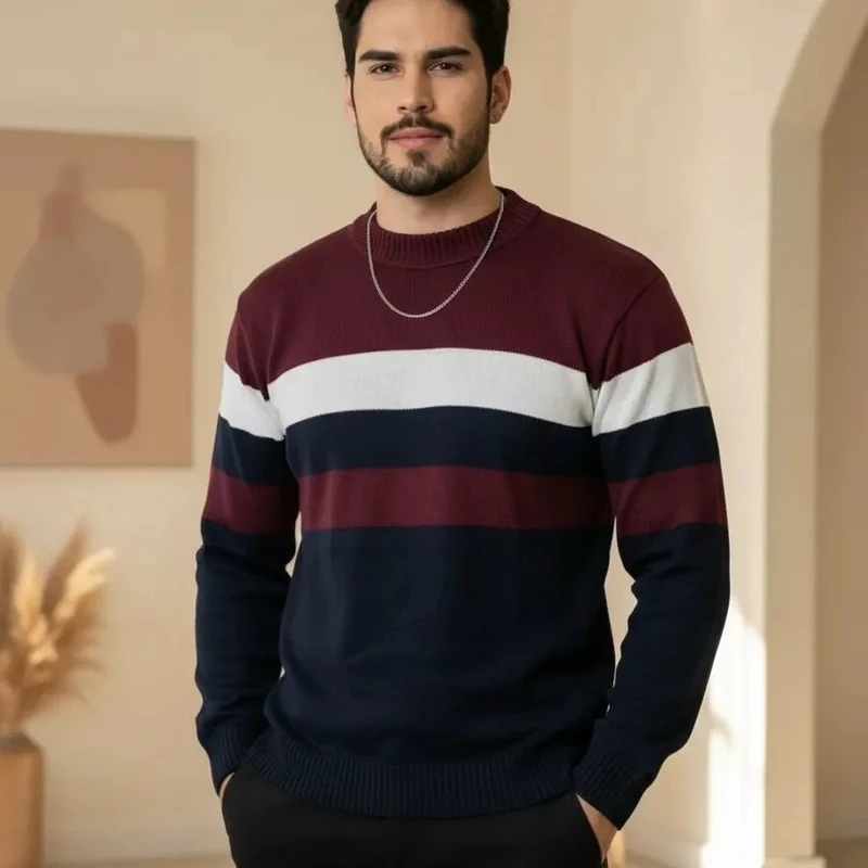 Blusa Masculina de Tricô Suéter Manga Longa Listrada Inverno Social Casual Dia a Dia Confortável