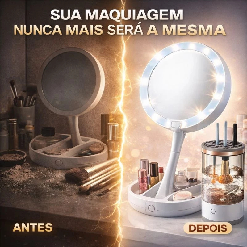 Fique ainda Mais Linda Kit para Maquiagem - Limpador de Pincéis Automático + Espelho Camarim com iluminação LED Portátil