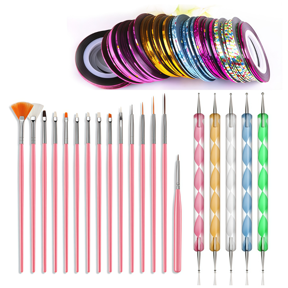 Manicure Desenho Unha 15 Pincéis + 10 Boleadores Em 5 Pincéis + 10 Fitas Metalizadas Nail Art Decoração