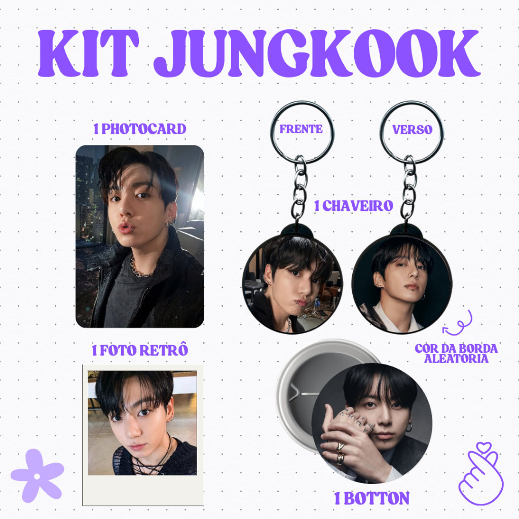 Kit Personalizado KPOP Botton, Chaveiro, Foto Retrô e Photocard Jungkook BTS