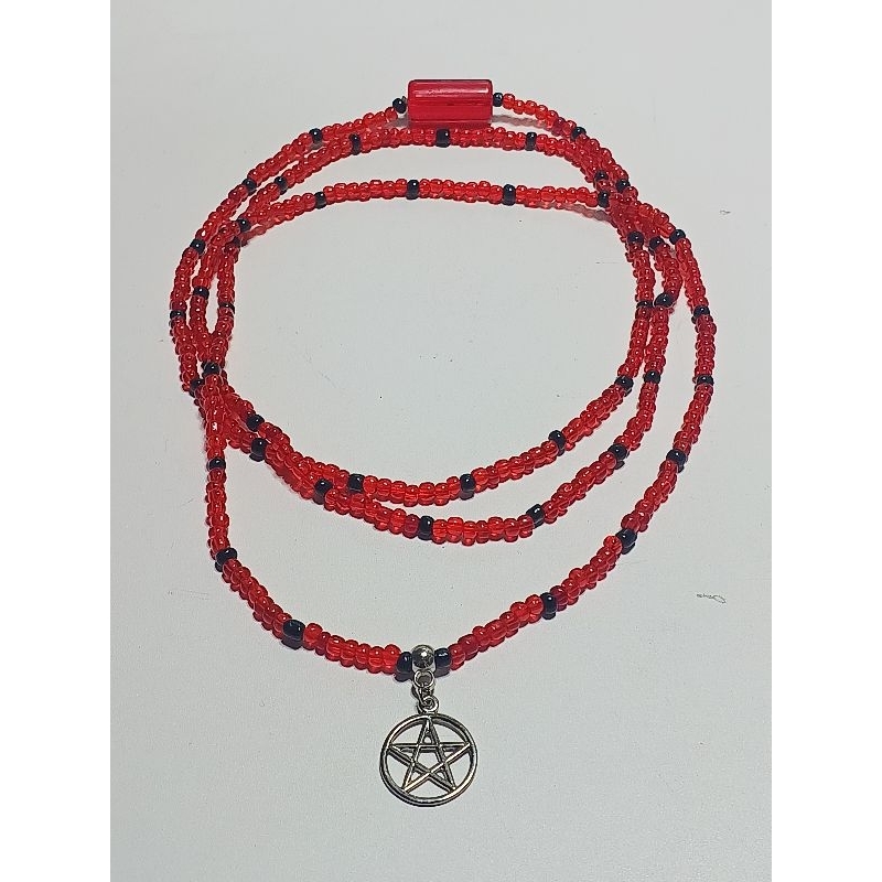 Guia Fio Contas Proteção Miçanga Pomba Gira Bruxa, Mulambo, Rosa Caveira, Vermelho, Preto, Pingente Pentagrama, Umbanda