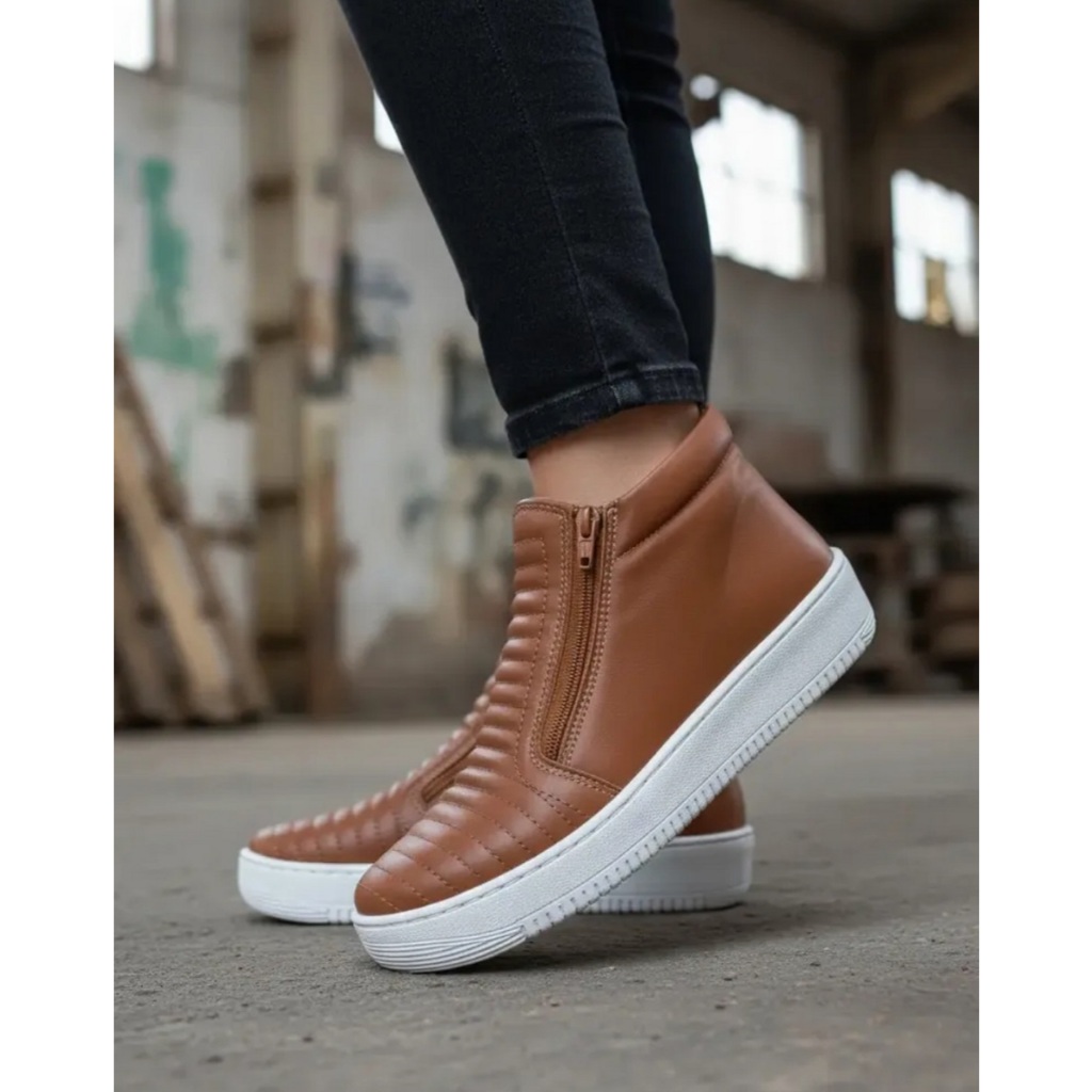 Tênis Botinha Casual Feminino Marrom Caramelo Cano Alto Flatform