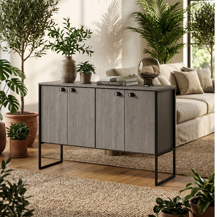 Aparador Buffet Multiuso 4 Portas MDF – Armário Sala, Sala de Jantar ou Hall. COR: CINZA