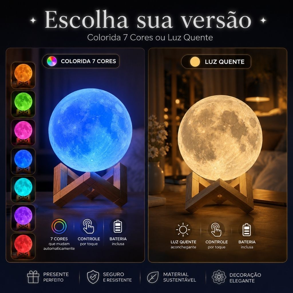 Luminária Lua 3D LED 12cm Colorida 7 Cores Ou Luz Quente Abajur Decorativo
