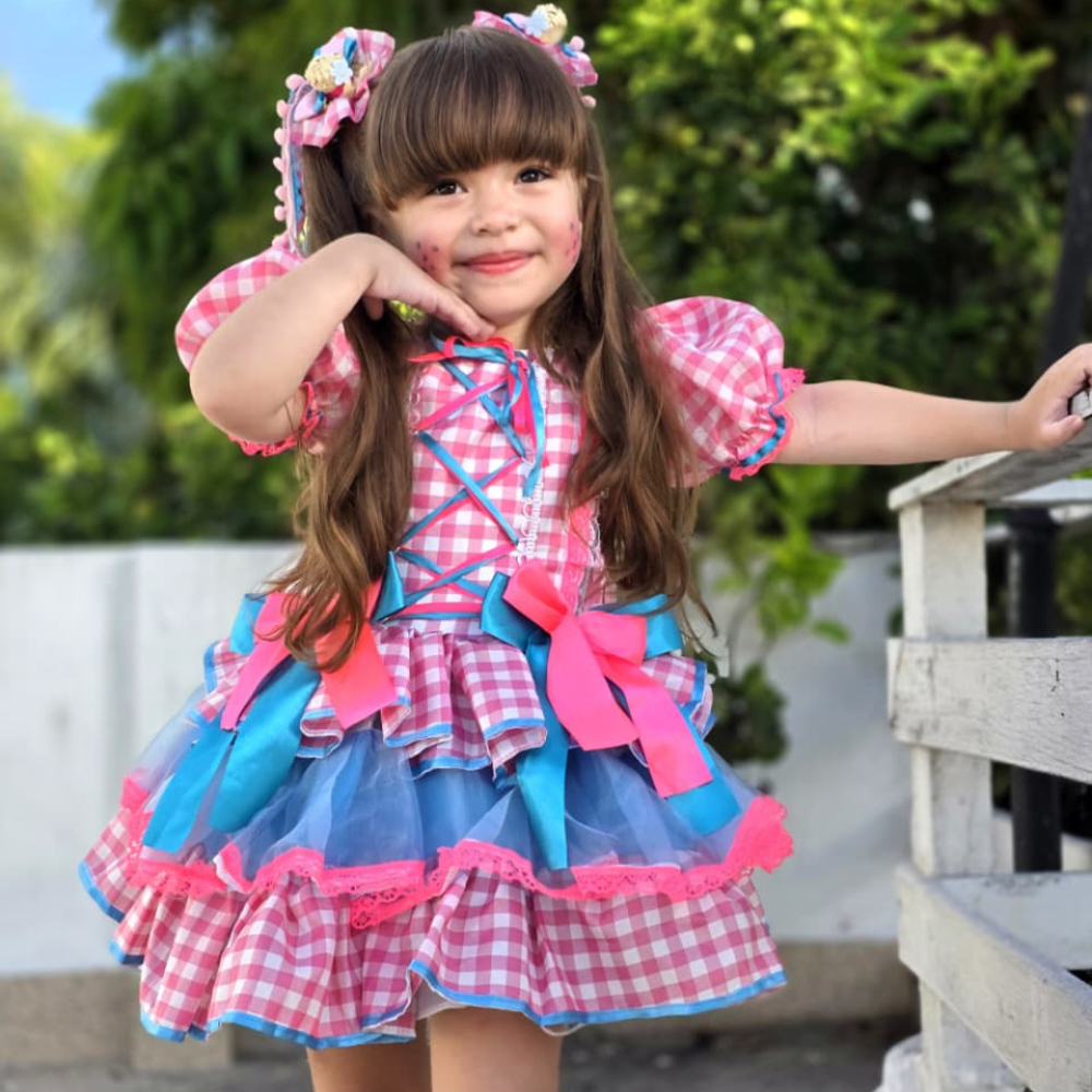 Vestido Junino Infantil Quadriculado Luxo Com Renda Cetim Organza Lastex Festa Junina Menina Bebê Infantil