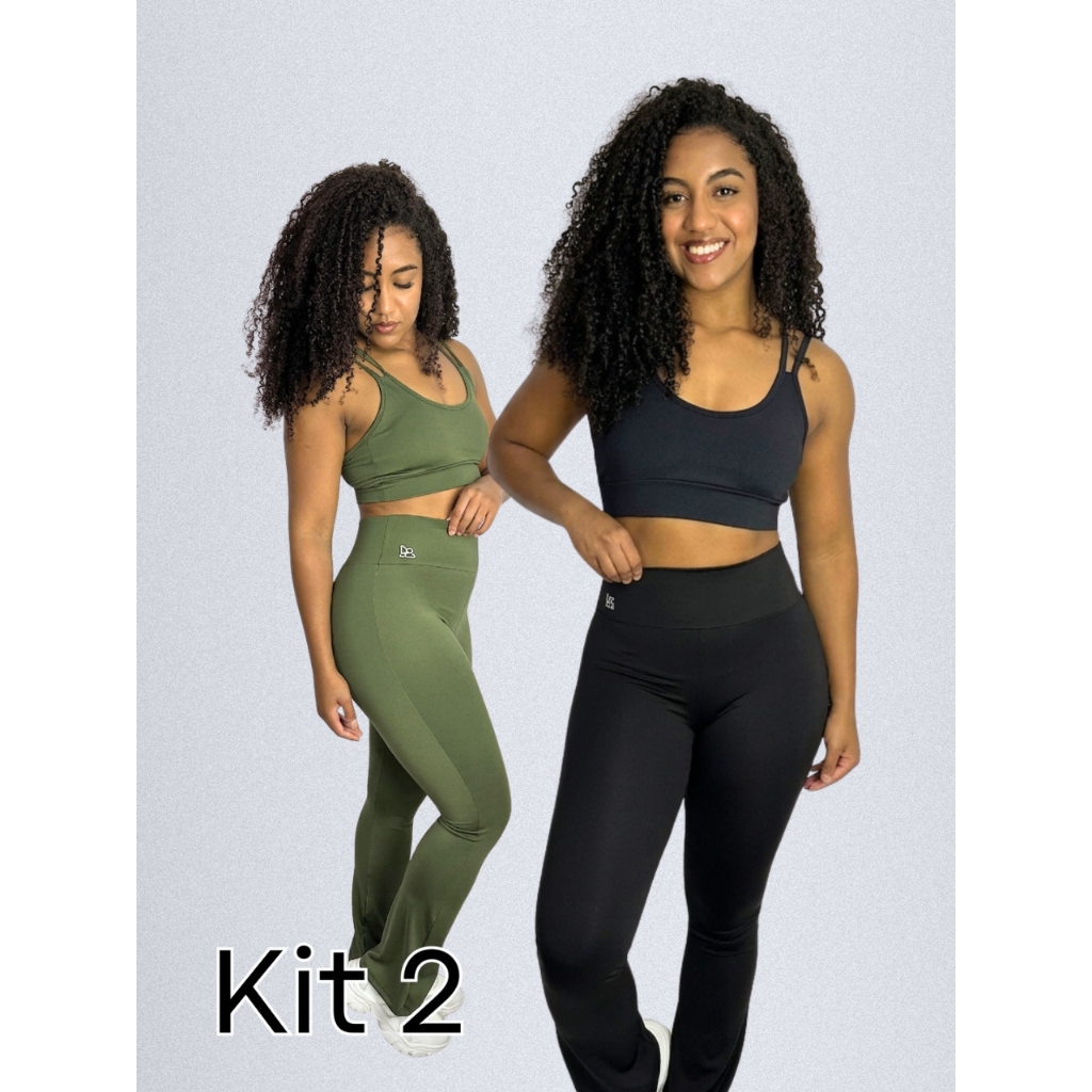 Kit 2 Conjunto Fitness Feminino Calça Flare Bailarina +Top Academia Suplex Confortável Moda Fitness