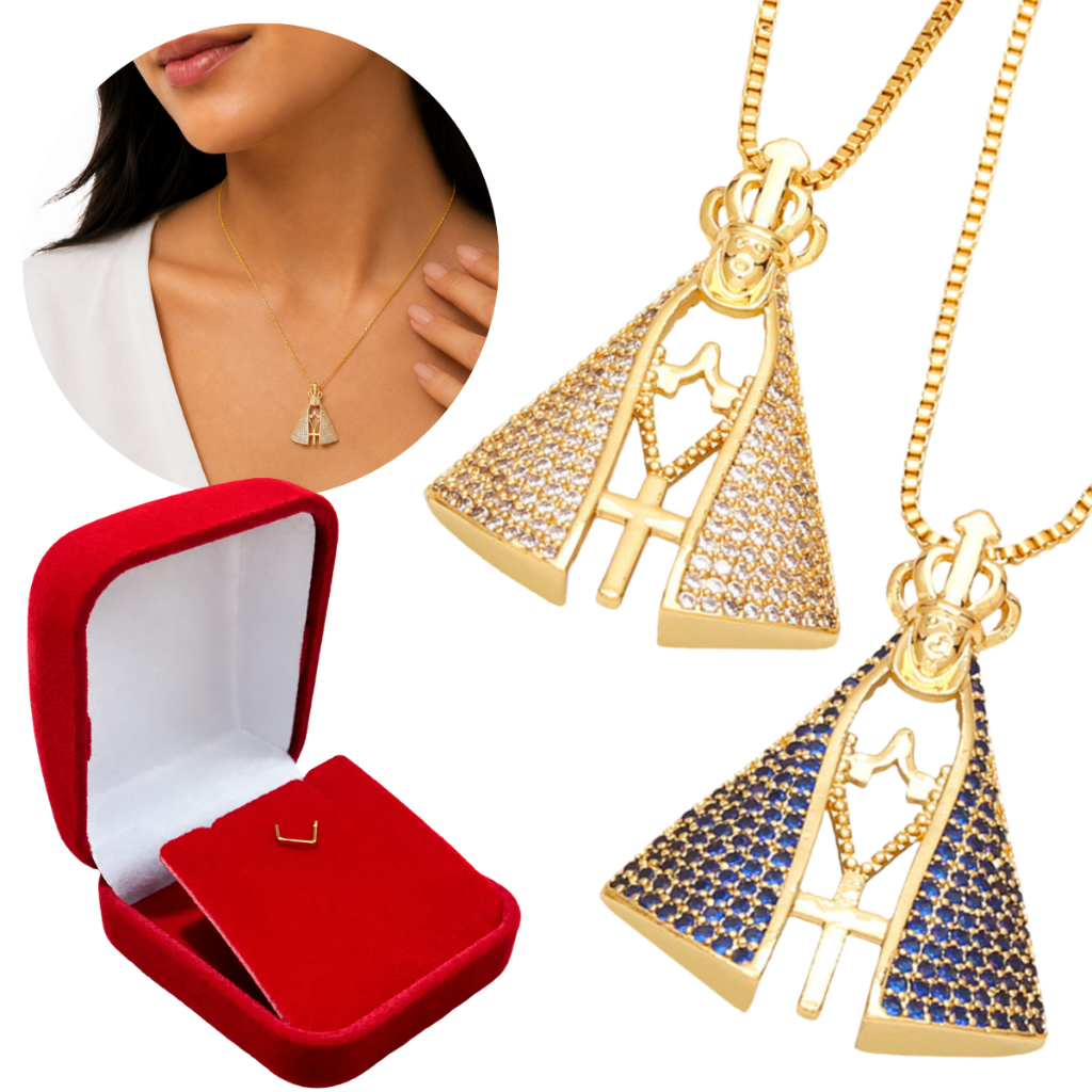 Colar Feminino Devocional Nossa Senhora Aparecida Banhado a Ouro 18k Com Pedras Zircônia