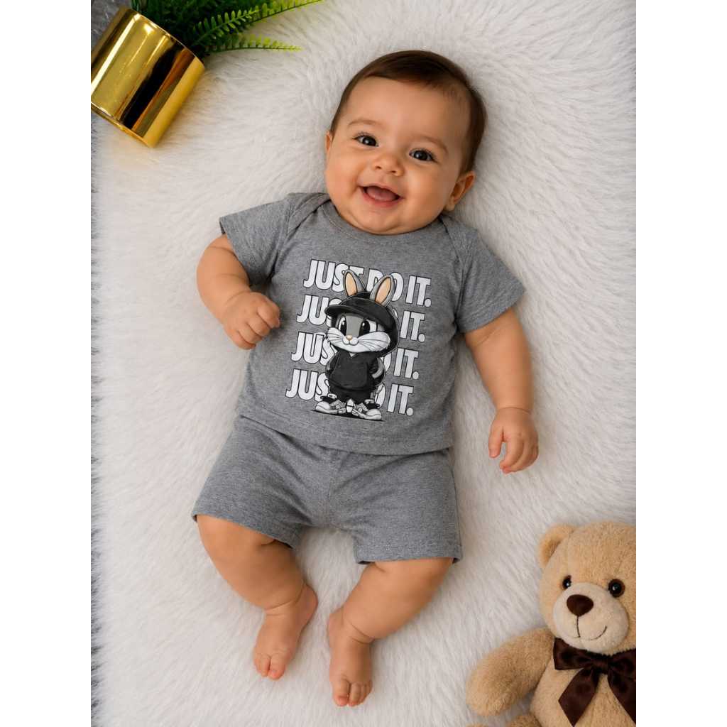 Conjunto Bebê Pernalonga Camiseta e Bermuda Cinza Roupa Infantil Masculina Confortavel