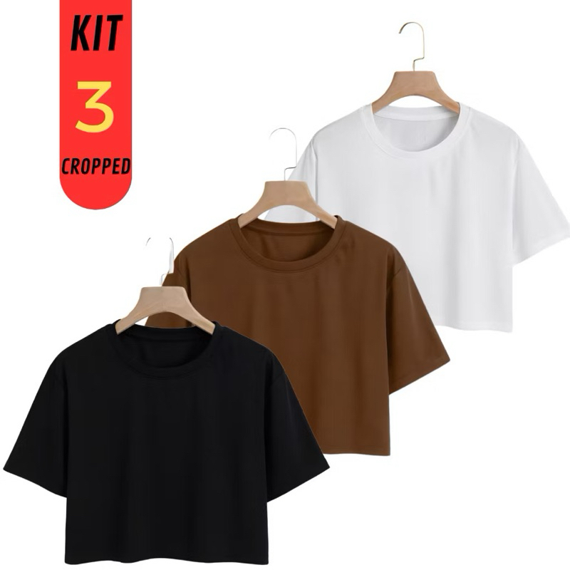 Kit Feminino 03 Cropped Feminino Oversized Algodão Premium Manga Curta Blusa Casual Básica
