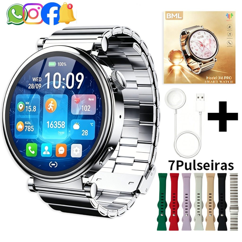 2026 Smartwatch Feminino, X6 PRO 1.27" AMOLED Coloca Foto na Tela, NFC, Monitor Cardíaco, à Prova d'Água, Android&iOS