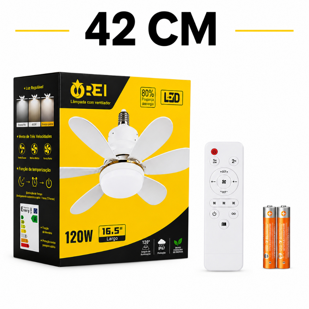 Ventilador De Teto Com Lâmpada LED 120W Controle Remoto 3 Cores 6 Pás Compacto com 42cm
