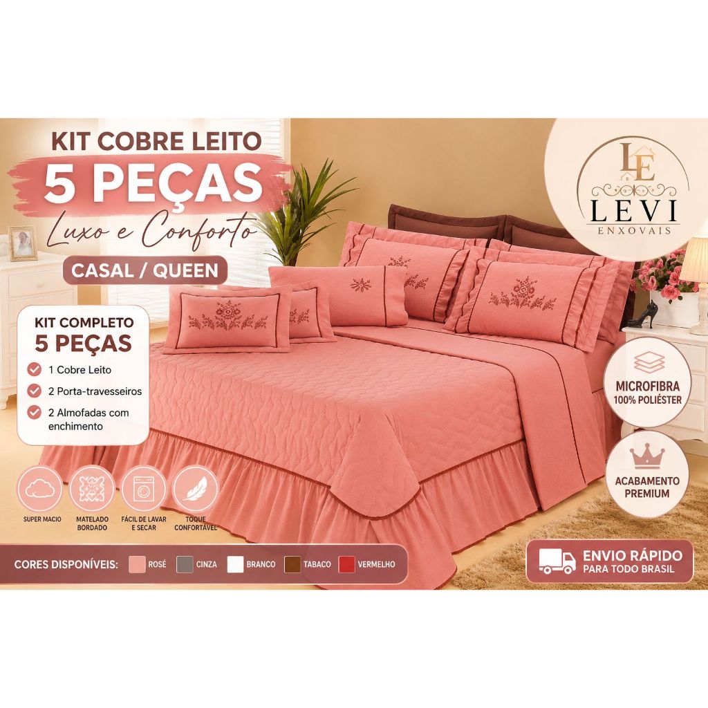 Colcha Cobre Leito Casal Queen 5 peças Matelado Bordado Jogo de cama Luxo Macio Mosaico