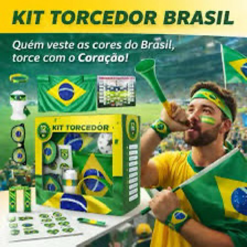 Kit Torcedor Brasil 12 Itens Virgínia Futebol Completo Copa do Mundo 2026 com Bandeira Corneta e Acessórios Adesivo