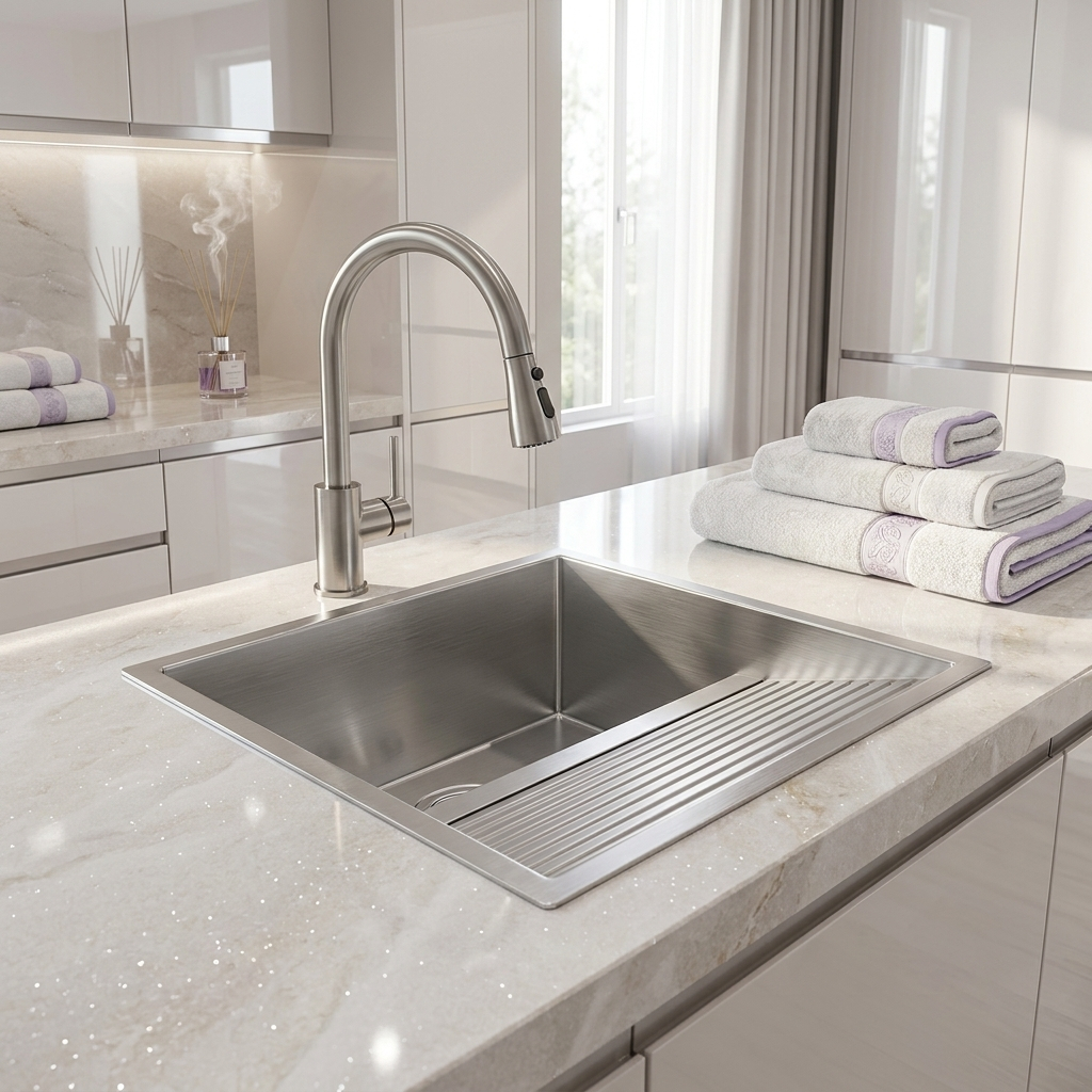 Tanque de Lavar Roupas 54x49 cm Em Aço Inox 1,0mm Escovado Grande com Válvula Para Área de Serviço