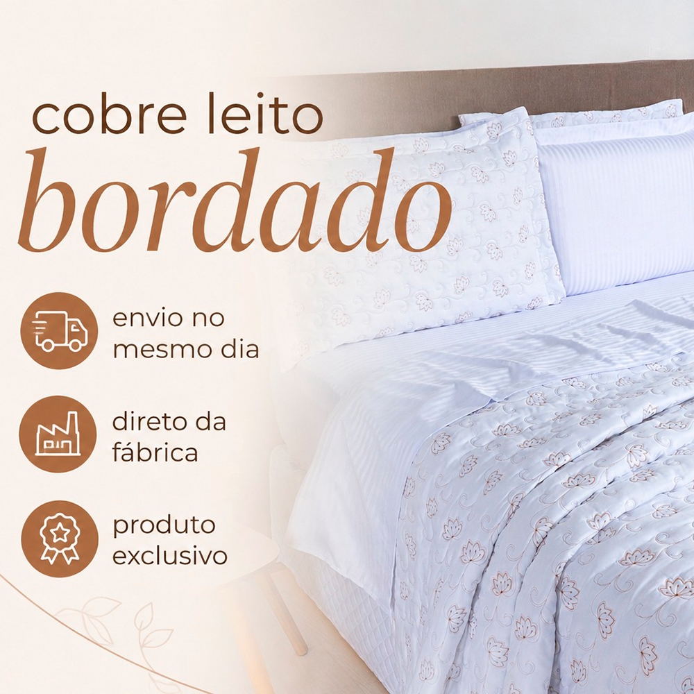 Cobre leito King todo bordado Colcha Bem me quer Sulamita Enxovais 3 peças 250 fios