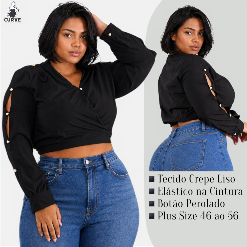 Blusa Plus Size Feminina Social Cropped Manga Longa Decotado Elegante G1 G2 G3