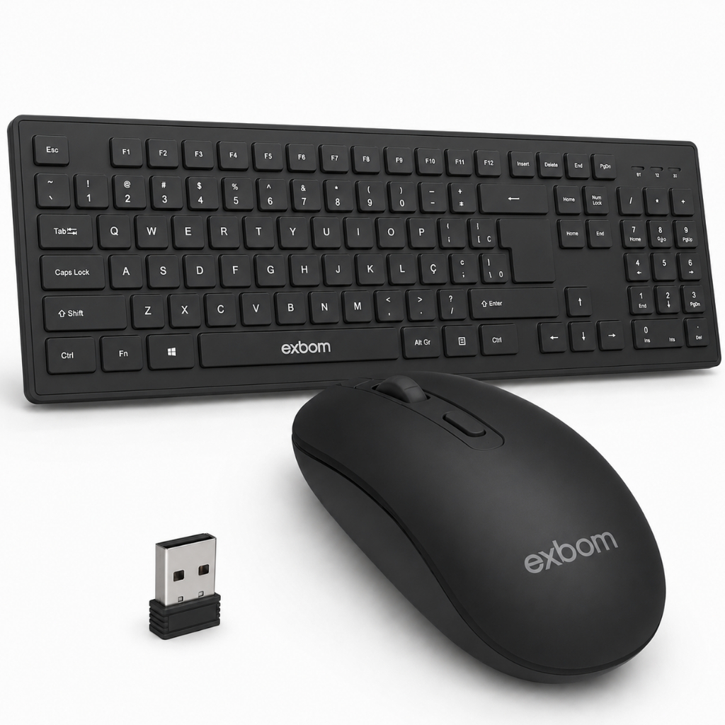 Teclado e Mouse Sem Fio Preto ABNT2 USB Slim Silencioso PC Notebook PLUG AND PLAY EXBOM