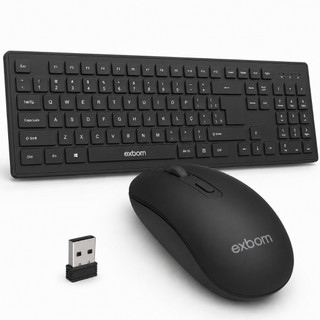 Teclado Sem Fio Preto Slim ABNT2 Mouse Ergonômico com Pilha  Inclusa Home Office Plug and Play USB Exbom Kit Completo