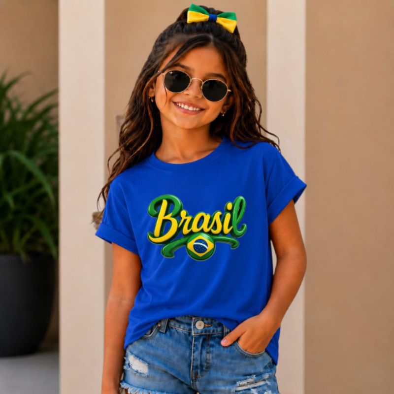 Camiseta Infantil  Brasil  copa do mundo menina menino 100%Algodao juvenil crianças tamanho 2 ao 14
