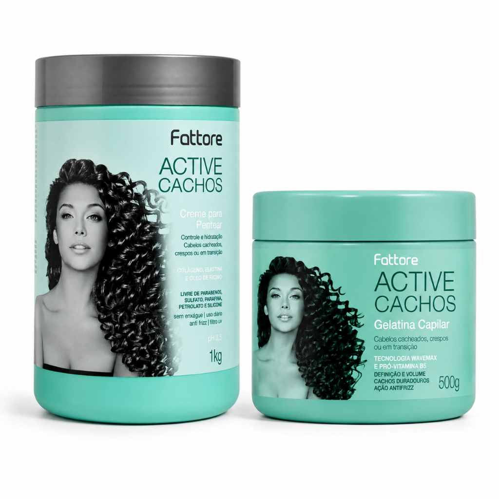 Kit Creme para Pentear Active Cachos 1KG + Gelatina 500g Cachos Definidos 24h Fattore