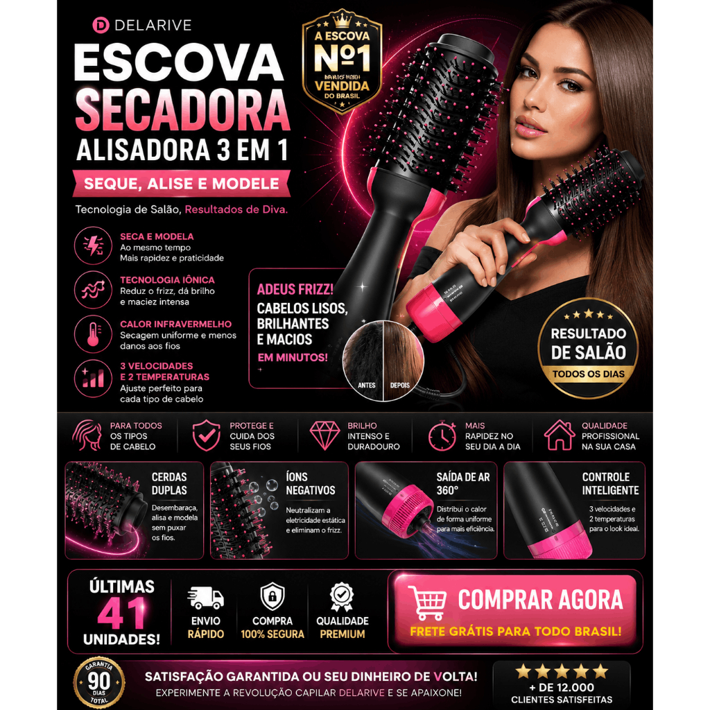 Escova Secadora Alisadora 3 Em 1 Profissional Delarive Íons Negativos Anti Frizz Bivolt