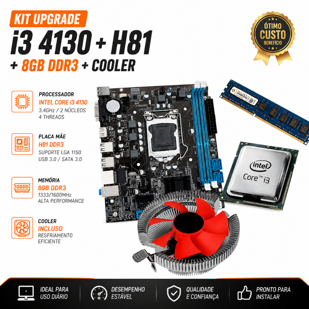 Kit Upgrade 4ª Geração Placa Mãe H81 + Proc I3 4130 + Mem 8Gb Ddr3 + Cooler Universal