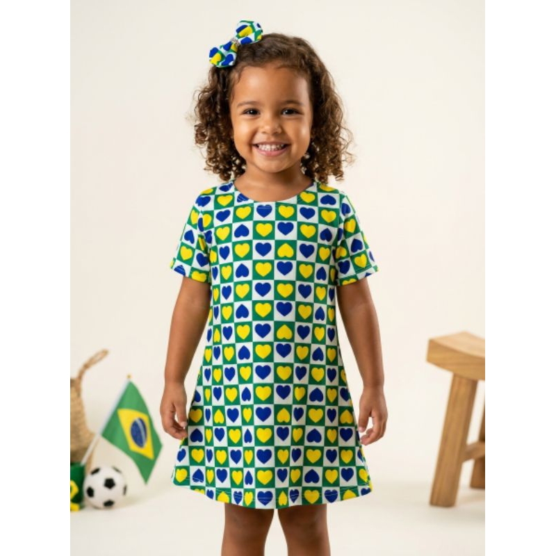 Vestido Infantil Brasil Copa Feminino Com Laço Xuquinha Roupa Verde Amarelo Menina