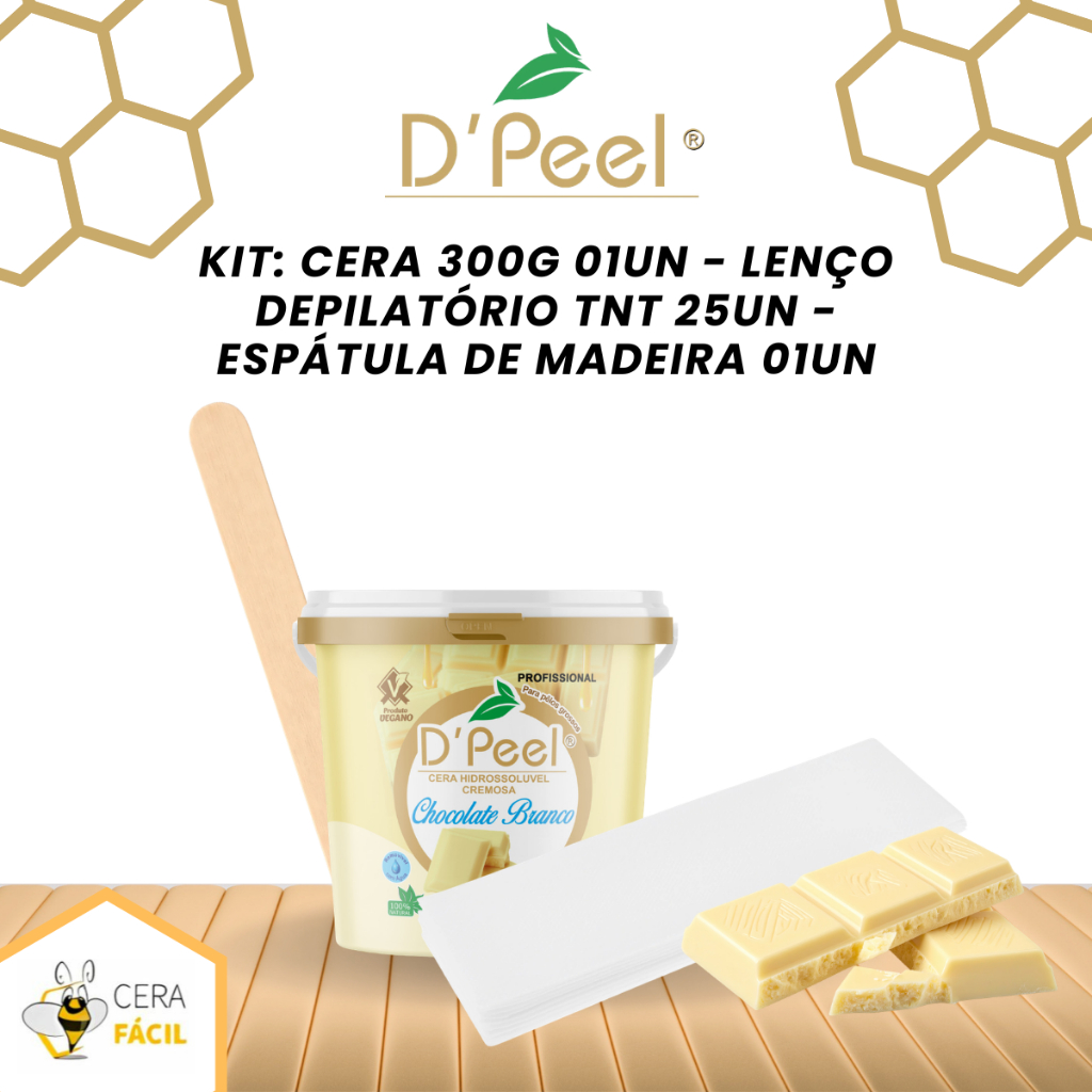 Kit Depilatório Cera Hidrossolúvel Chocolate Branco 300g + Lenço TNT 25un + Espátula
