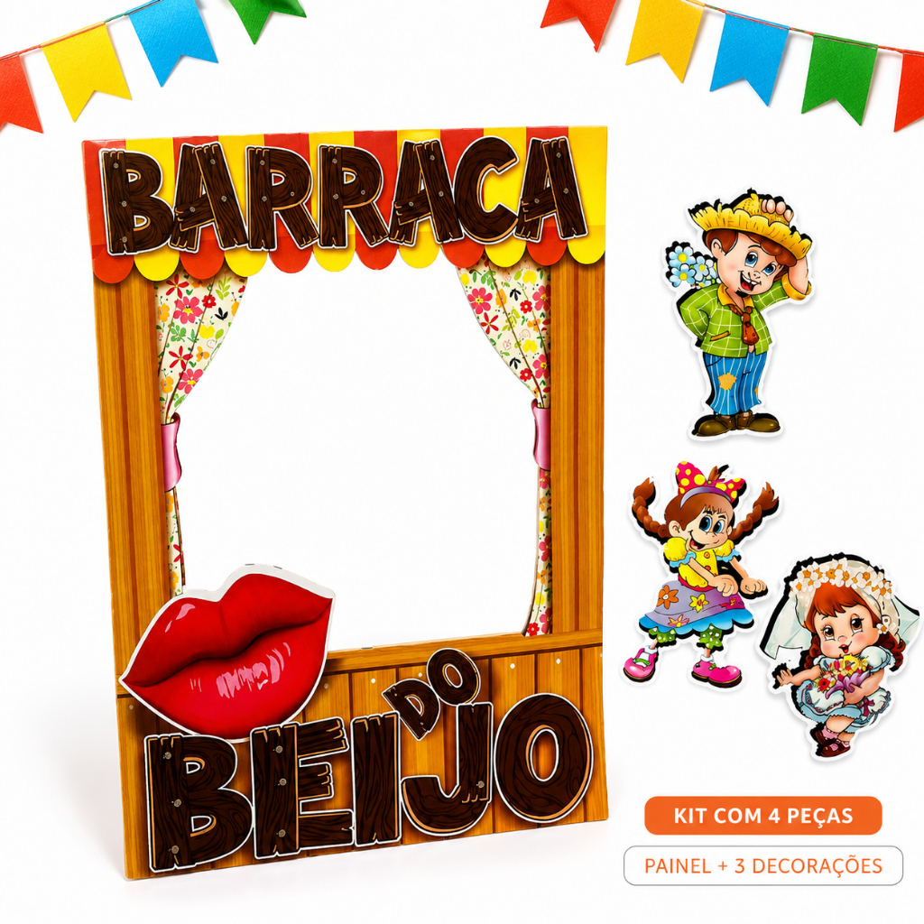 Imagem Kit Painel Barraca do Beijo Festa Junina + 3 Brindes Fotos Boneco Junino Decorativo