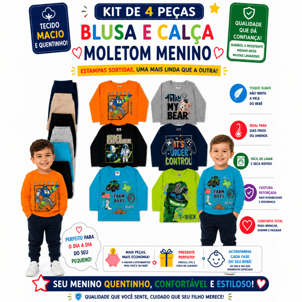 Conjunto Infantil Menino 4 Peças | Kit Camiseta Meia Malha e Calça de Moletom, Roupa Masculina Confortável e Estampada