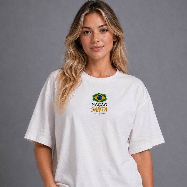 Camiseta Oversized cristã Gospel Masculina Feminina Brasil Pátria Jesus Estampada Algodão feliz a nação