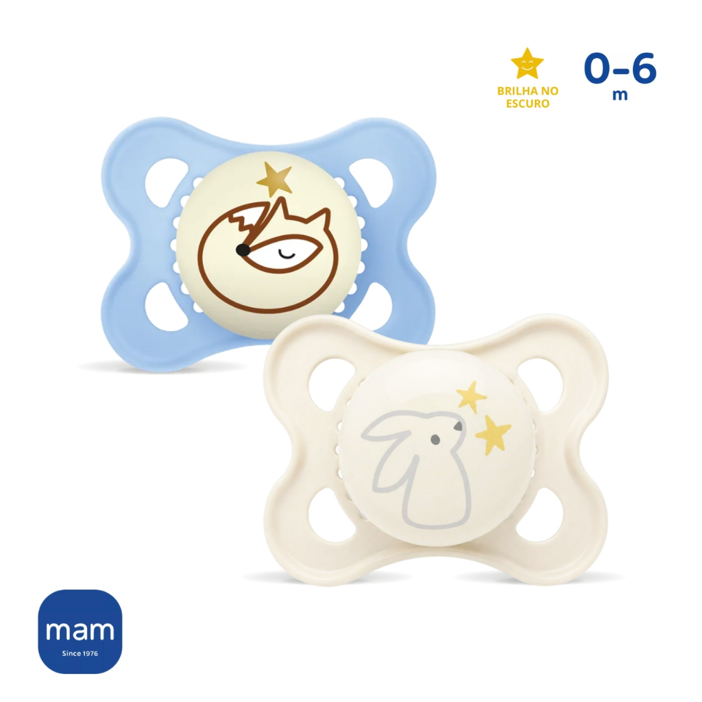 Chupeta MAM 0-6 Meses Brilha Escuro Original Night Dupla Azul Bebê Menino Infantil Recém Nascido