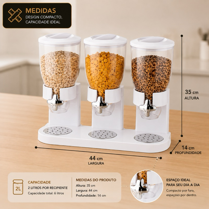 Dispenser Triplo de Cereais 2L Porta Grãos Sucrilhos Arroz Granola Dosador Organizador Cozinha