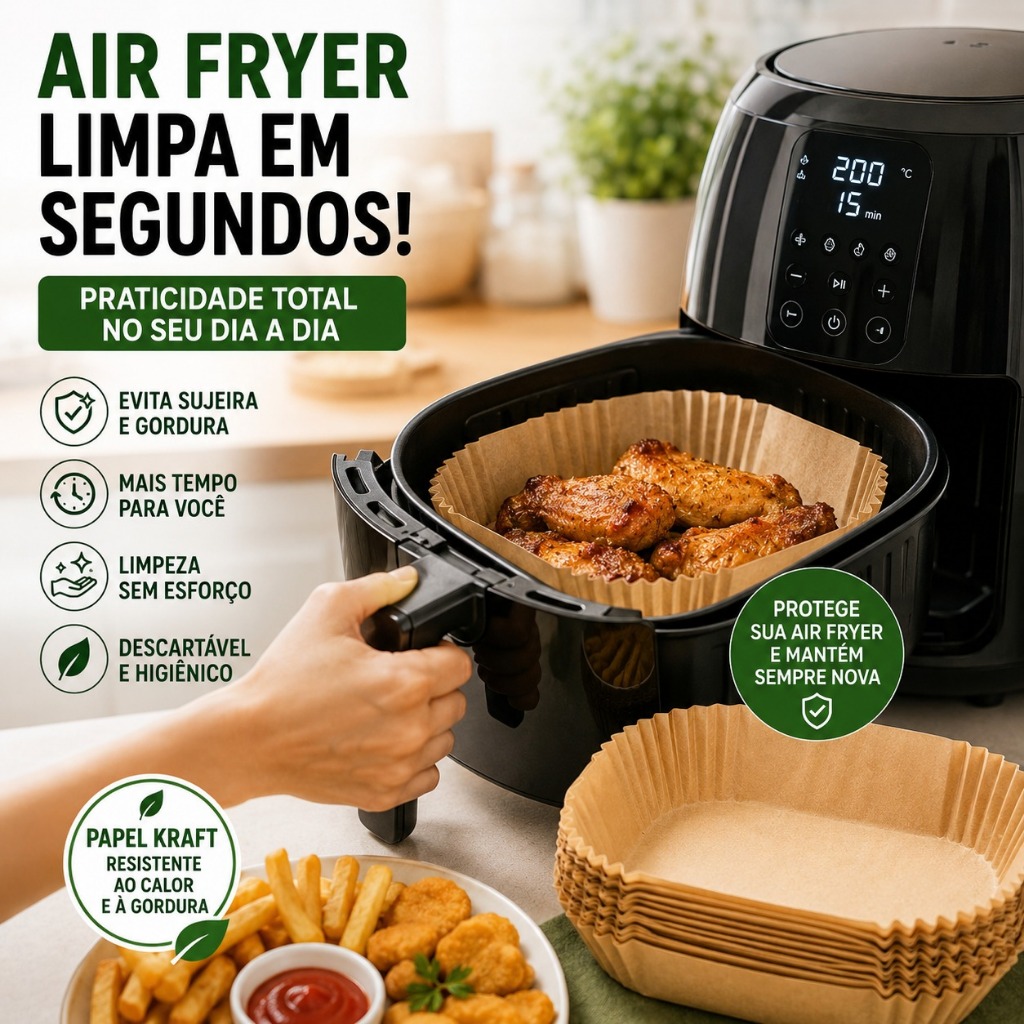 Kit 300 Forma Quadrada De Airfryer Descartável Antiaderente De Papel Cozinha 20x20x4,5cm — imagem 2 de 2