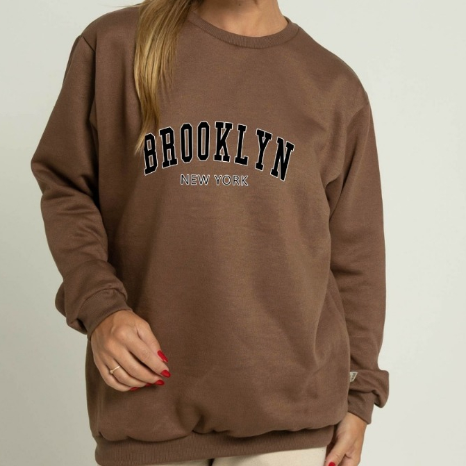 Moletom Careca Brooklyn Gola Redonda Casaco Feminino Masculino Flanelado Unissex Inverno Frio Algodão
