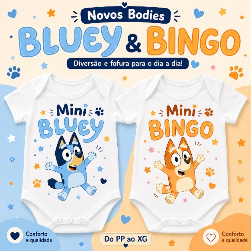Body Bebê Bluey e Bingo Infantil Menino Menina Roupa de Bebê Estampado Mini Bluey Mini Bingo Manga Curta Manga Longa