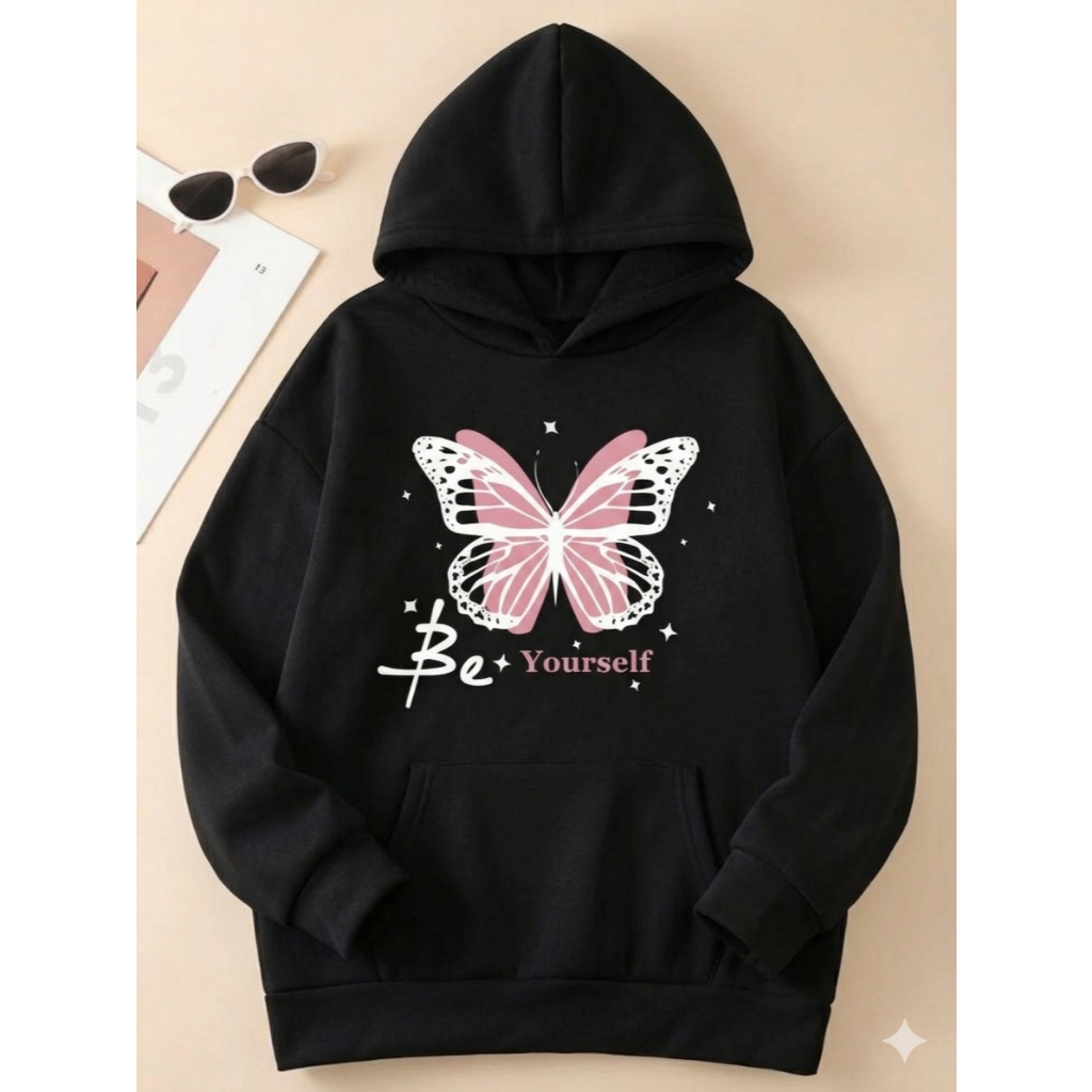 Moletom Canguru Flanelado Com Capuz Feminino Peluciado Inverno Outono Estampado Borboleta Criativo Promoção Envio Rápido