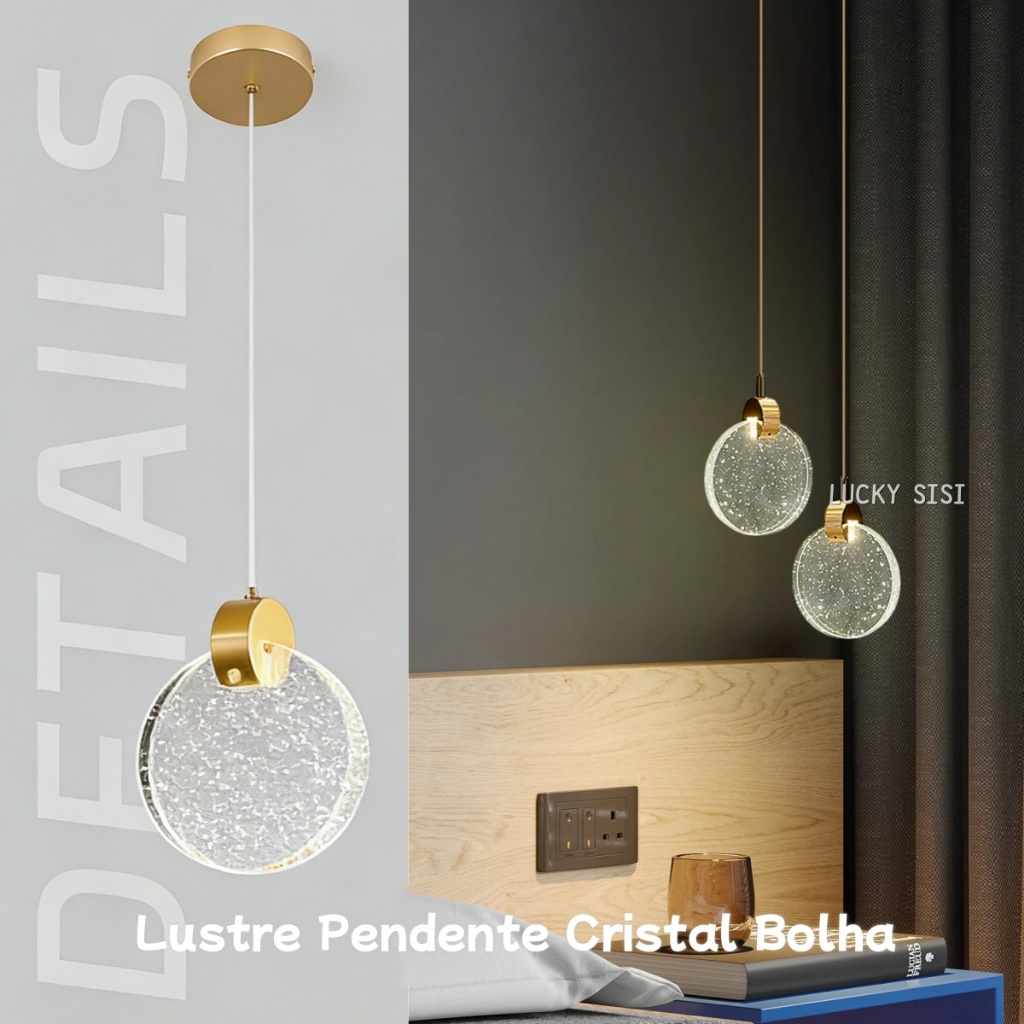 Lustre Pendente Cristal Bolha Lua Cheia Dourado 3 Cores LED Bivolt para Quarto Lavabo Sala,luminária pendente de teto