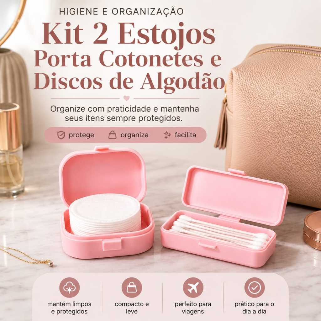 Kit 2 Estojos Porta Cotonete e Discos de Algodão Viagem Bolsa Necessaire Organizador Higiene